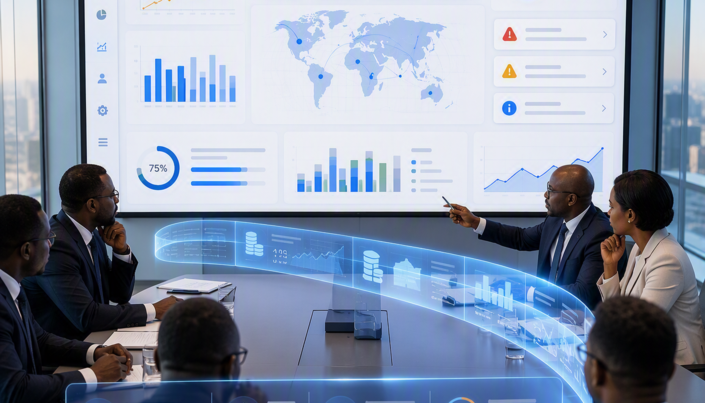 Équipe dirigeante analysant des indicateurs économiques sur un écran